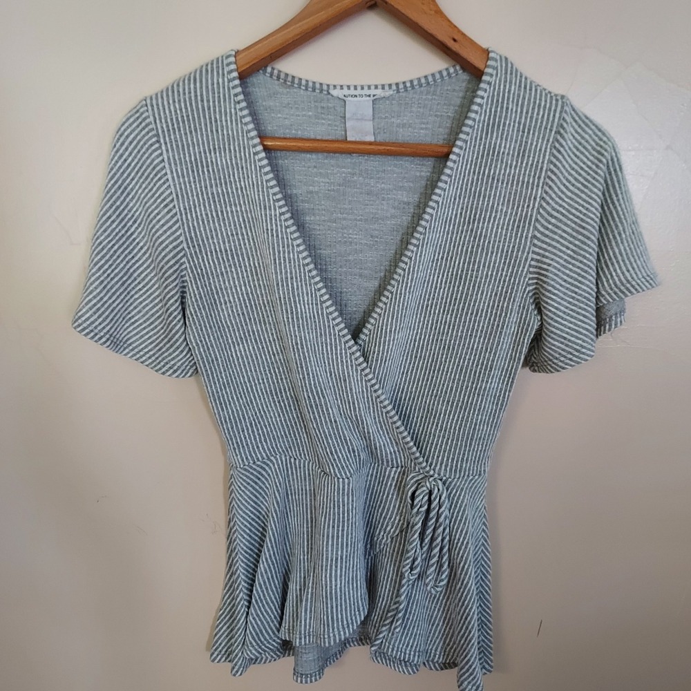 Caution to the Wind Gray Striped Faux Wrap Peplum Top Ribbed M